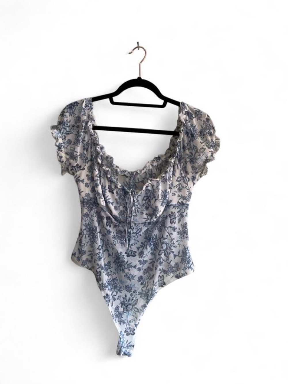 Floral Mesh Ruffle Milkmaid Tie Front Bodysuit - Blue Floral SIZE LARGE